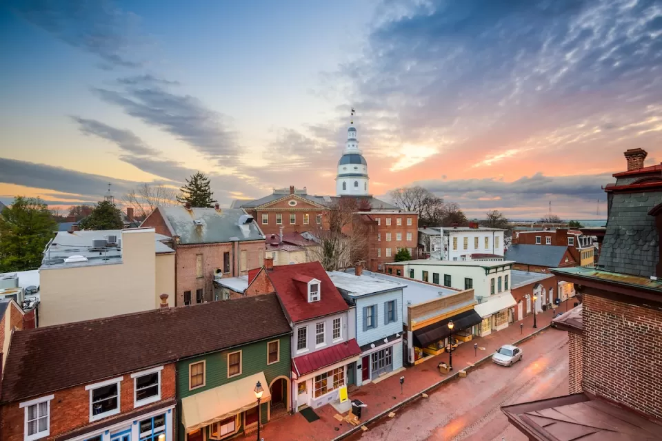 Aerial view of old buildings and government or church building with tall roof in Annapolis, Maryland.